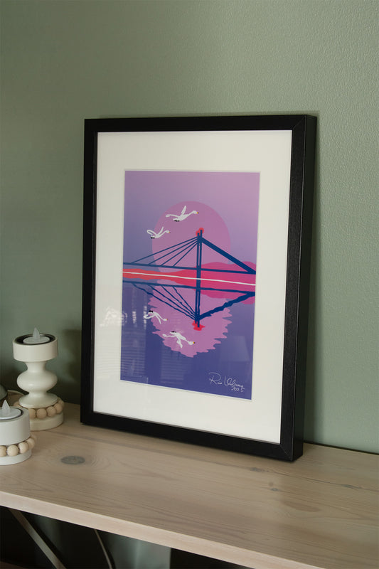 Riia Valvimon suunnittelema Rovaniemi-aiheinen A4-taideprintti kehystettynä.