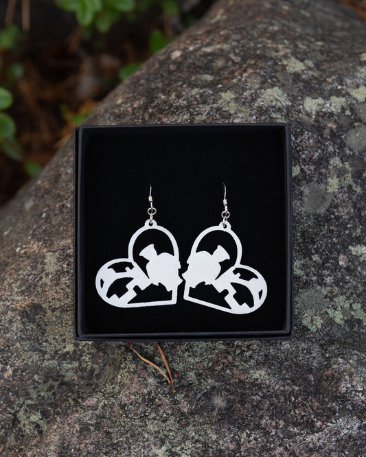 Valkoiset Oulu-korut. Oulu LOVE -malliston vanerikorut ovat esillä mustassa korurasiassa.