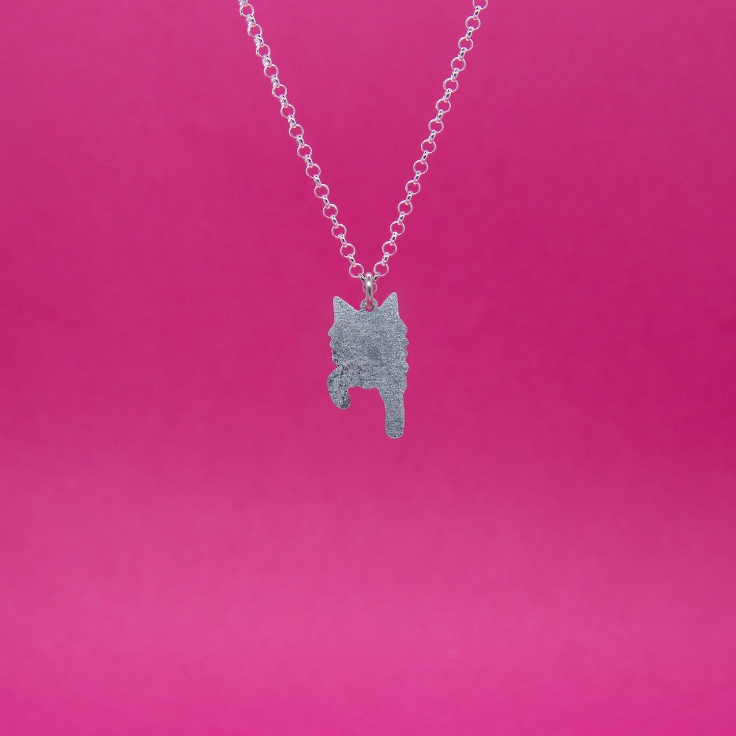 Mattapintainen pienikokoinen hopeariipus jossa pitkäkarvaisen kissan siluetti edestä kuvattuna. Riipus roikkuu sirossa hopeisessa papuketjussa.