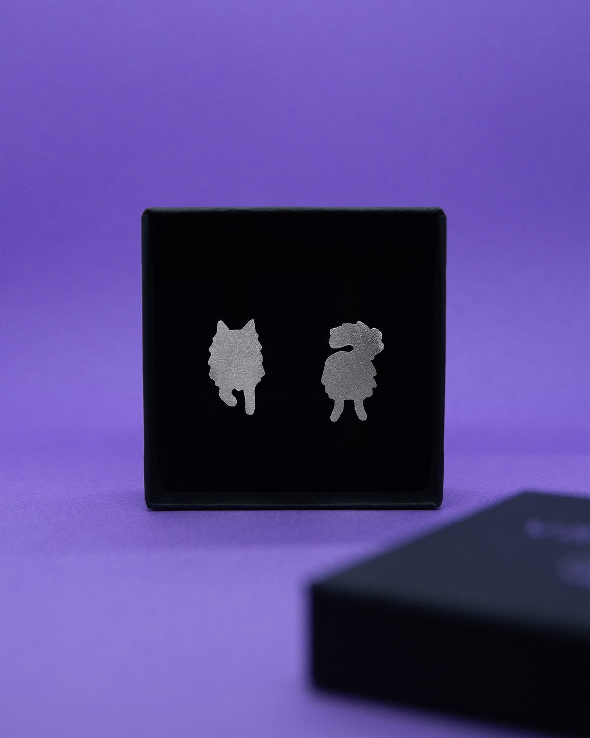 Hopeiset mattapintaiset suomenlapinkoiraa esittävät eripari nappikorvakorut mustassa korurasiassa.