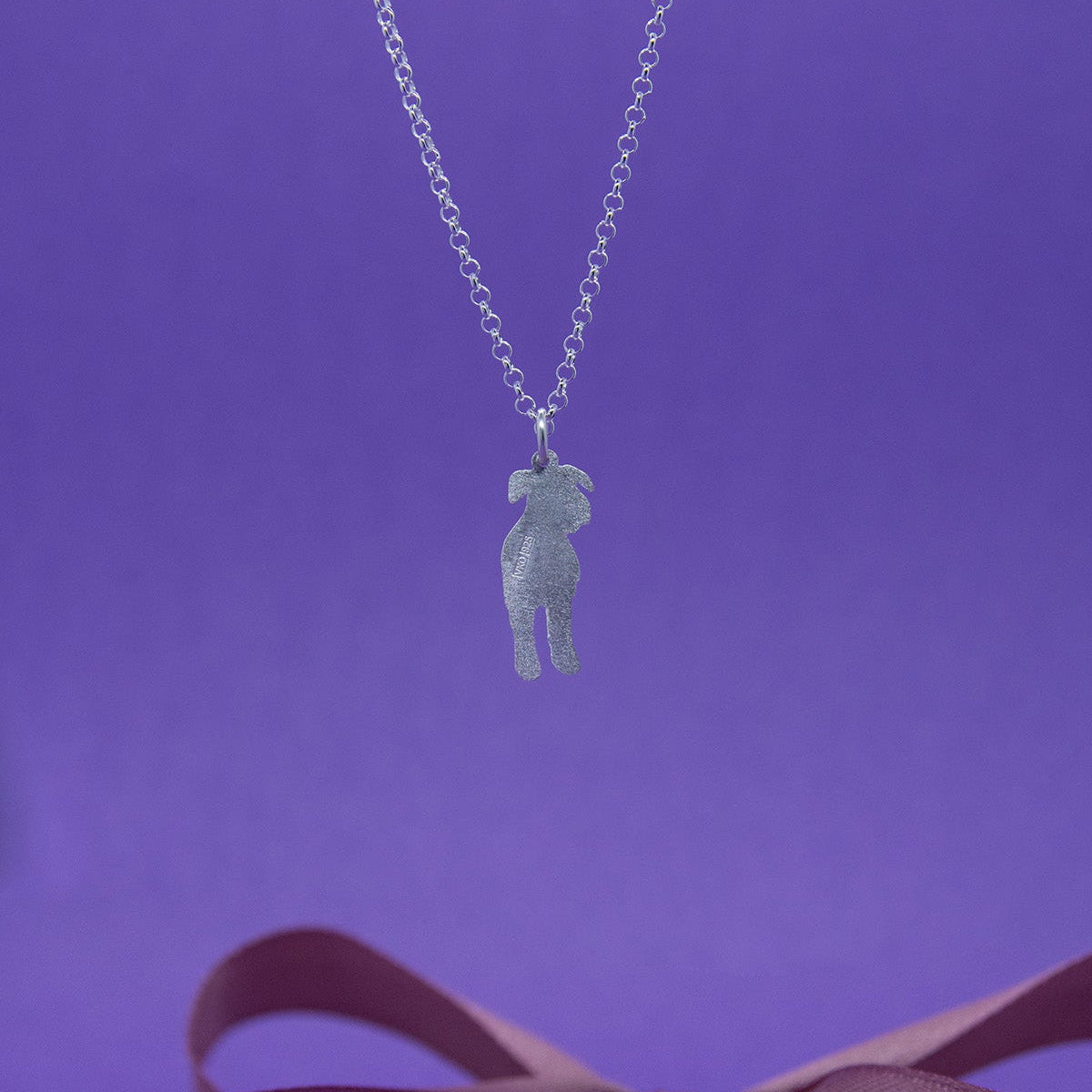 Hopeinen suursnautseri-riipus kuvattuna takapuolelta.