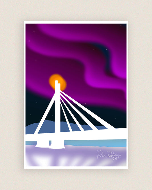 Rovaniemi-aiheinen taideprintti, jossa lilahtavat revontulet Jätkänkynttilä-sillan yllä.